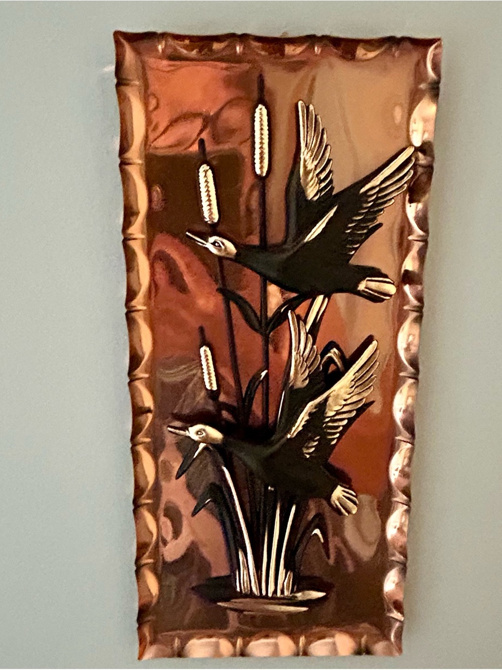 Vintage West Germany Copper Wall Art 3D
Flying Ducks Cattails MCM 12.5”